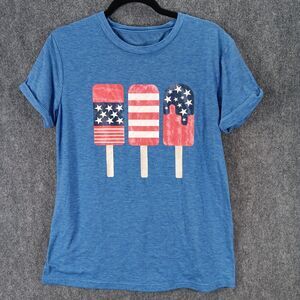 Patriotic American Flag Popsicle T Shirt Womens Medium Blue Cotton Graphic Print